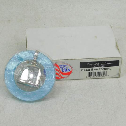 Empire Silver Sterling Blue Boy Newborn Decorative Teething Ring Rattle 2005B image number 1