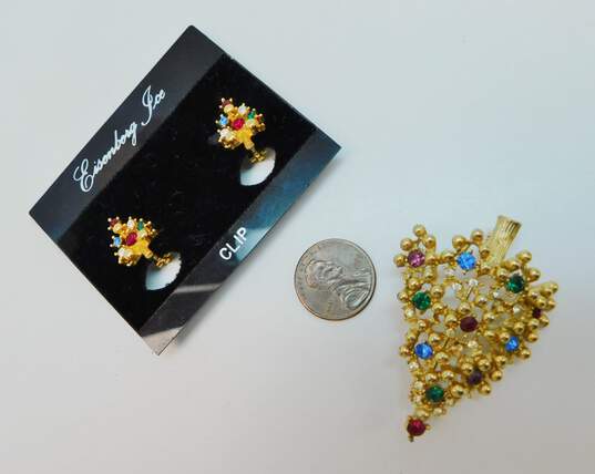 Vintage Eisenberg Ice Gold Tone Rhinestone Christmas Tree Brooch & Clip On Earrings 18.1g image number 4