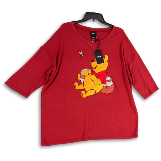NWT Womens Red Knitted Winnie The Pooh 3/4 Sleeve Pullover Sweater Size 2 image number 1