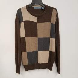 Mens Brown Patchwork Long Sleeve Crew Neck Knitted Pullover Sweater Size M