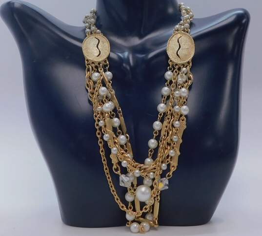 Vintage Trifari Brushed Gold Tone Faux Pearl Bead Necklaces & Leaf Brooch 155.2g image number 4