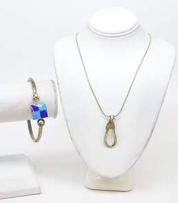 Taxco & Mexican Modernist 925 & Brass Pendant Necklace & Bracelet 32.9g