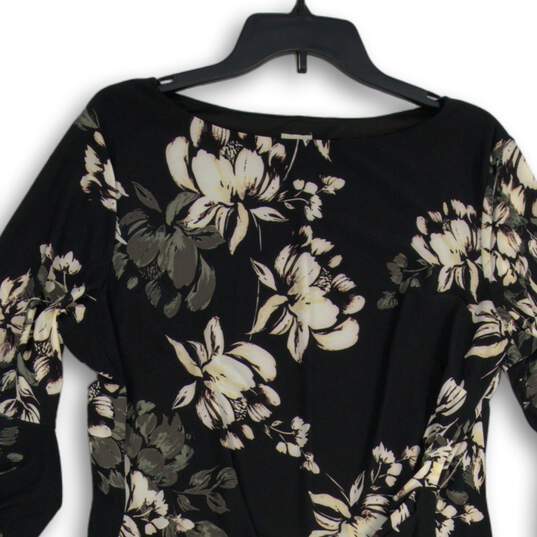NWT Womens Black Floral Long Bell Sleeve Boat Neck Back Zip Sheath Dress Size 16 image number 3