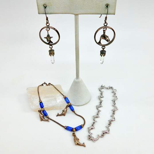 Artisan 925 Jumping Dolphin Hoop Quartz Crystal Drop Earrings & Blue Glass & Ball Bead Charms & Dolphins Linked Bracelets 15.5g image number 1