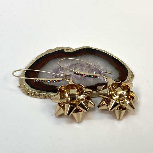 Designer Betsey Johnson Gold-Tone Bow Christmas Rhinestone Dangle Earrings image number 4