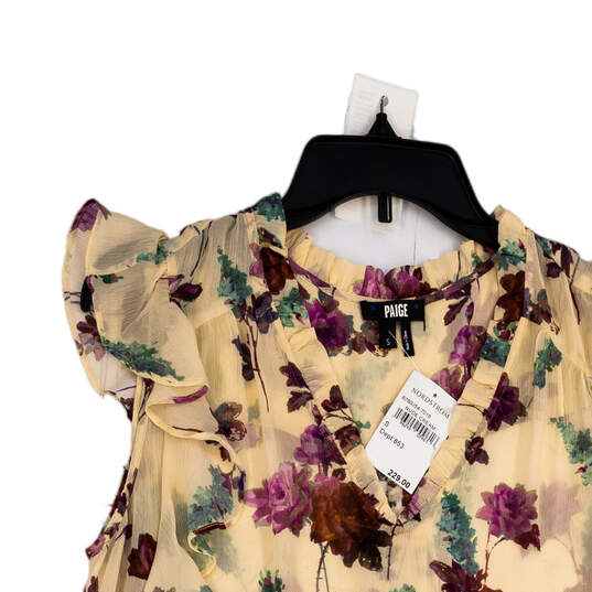 NWT Womens Cream Purple Floral Ruffle Sleeve V-Neck Blouse Top Size Small image number 3