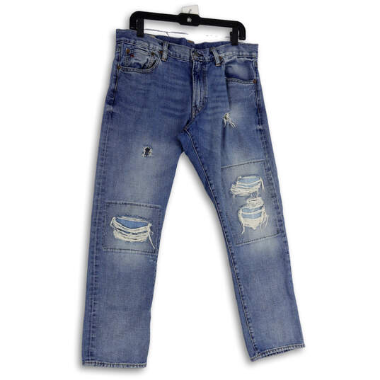 Mens Blue Denim Medium Wash Distressed Straight Leg Jeans Size 34x30 image number 1