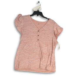 NWT Ana A New Apparel Womens Pink White Striped Henley Neck Blouse Top Size L
