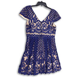 Womens Blue Lace Short Sleeve V-Neck Back Zip Fit & Flare Dress Size Large