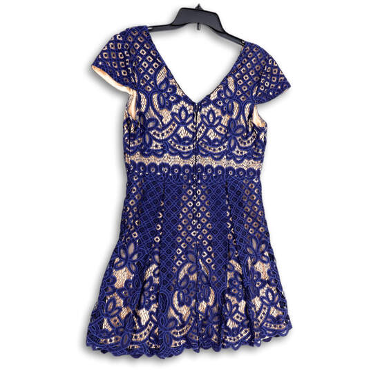 Womens Blue Lace Short Sleeve V-Neck Back Zip Fit & Flare Dress Size Large image number 1