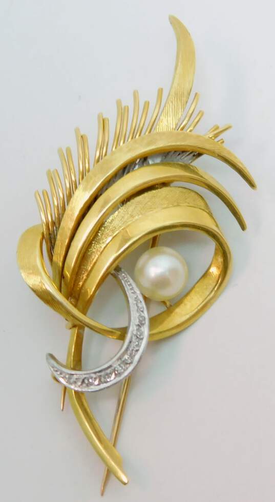 Elegant 18k Yellow Gold Diamond Accent & Pearl Brushed Leaf Spray Brooch Pin 13.4g image number 4