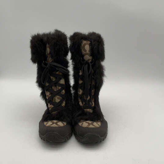 Womens Jennie Q522 Brown Tan Monogram Fur Trim Lace-Up Snow Boots Size 9 B image number 1