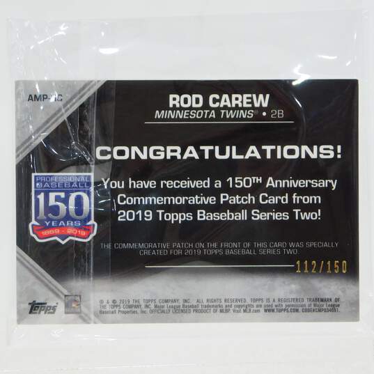 2019 HOF Rod Carew Topps 150th Anniversary Commemorative Patch Minnesota Twins image number 2