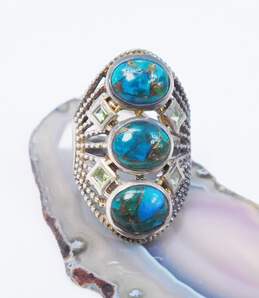 PTI India 925 Composite Chrysocolla Cabochons & Faceted Peridot Granulated Saddle Ring 11.8g