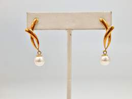 14k Yellow Gold Faux Pearl Sculptural Drop Earrings 3.4g alternative image
