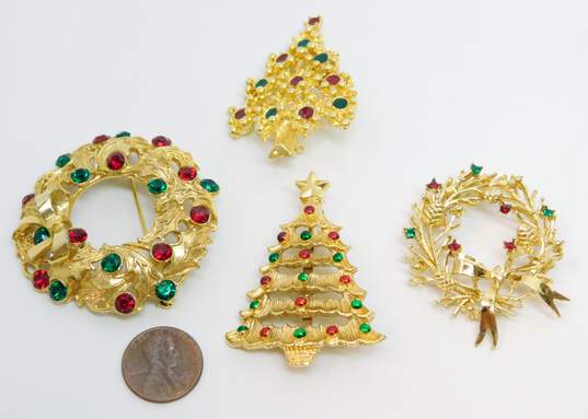 Gerrys Vintage & Modern Goldtone Red & Green Rhinestones & Enamel Christmas Tree & Wreath Brooches Variety 76g image number 6