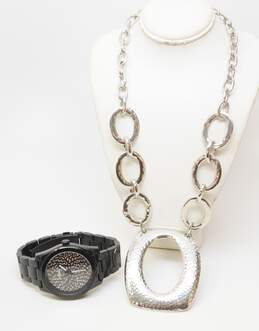 CHICOS Hammered Silvertone Necklace & FOSSIL ES3645 Black Glitzy Watch