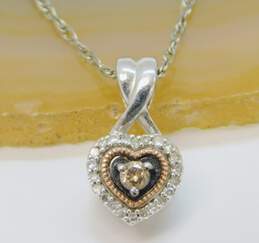 JWBR 925 & 10K Yellow Gold Accent 0.11 CTTW Champagne & White Diamond Heart Pendant Necklace 2.2g