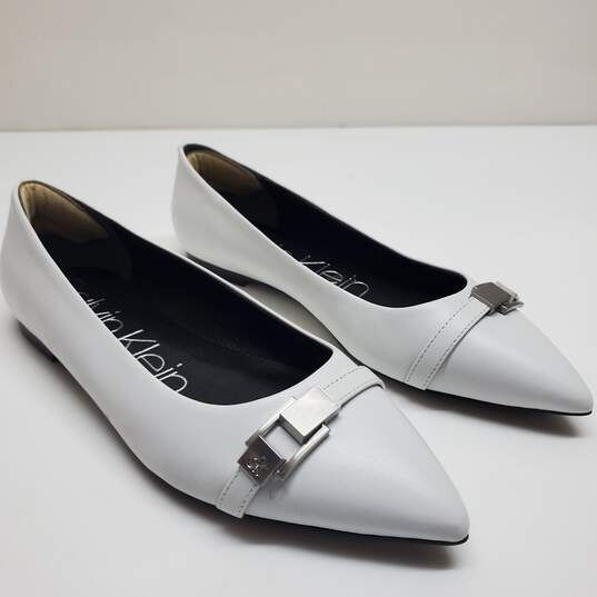 Calvin Klein Women's White Leather Angel Pointed-Toe Buckle-Detail Flat Size 7M image number 3