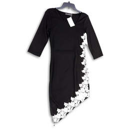 NWT Womens Black Lace Asymmetric Hem 3/4 Sleeve Bodycon Dress Size Medium