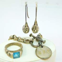 925 Personalized Tag Bracelet & Scrolled Earrings & Topaz Ring 36.6g