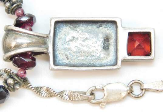 Romantic 925 Garnet & Marcasite Pendant Onyx Bali Beaded Necklace Marquise & Claddagh Rings & Twisted Herringbone Chain Bracelet 28.5g image number 7
