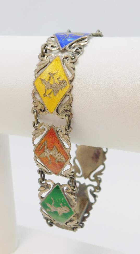 Vintage Siam Sterling 925 Enamel Clip-On Earrings & Panel Bracelet 37.2g image number 2