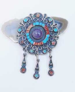 Taxco 925 Amethyst, Coral & Turquoise Circle Drop Brooch 22.5g