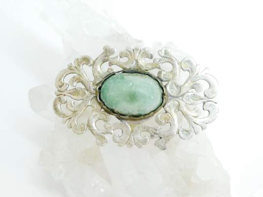Vintage Mexican Artisan 925 Sterling Silver Scrolled Cut Out Green Onyx Brooch 26.1g image number 3