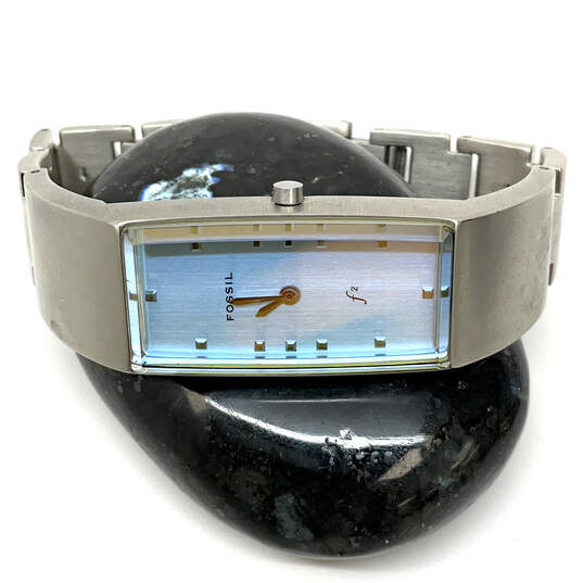 Designer Fossil F2 ES-9060 Silver-Tone Rectangle Shape Analog Wristwatch image number 2