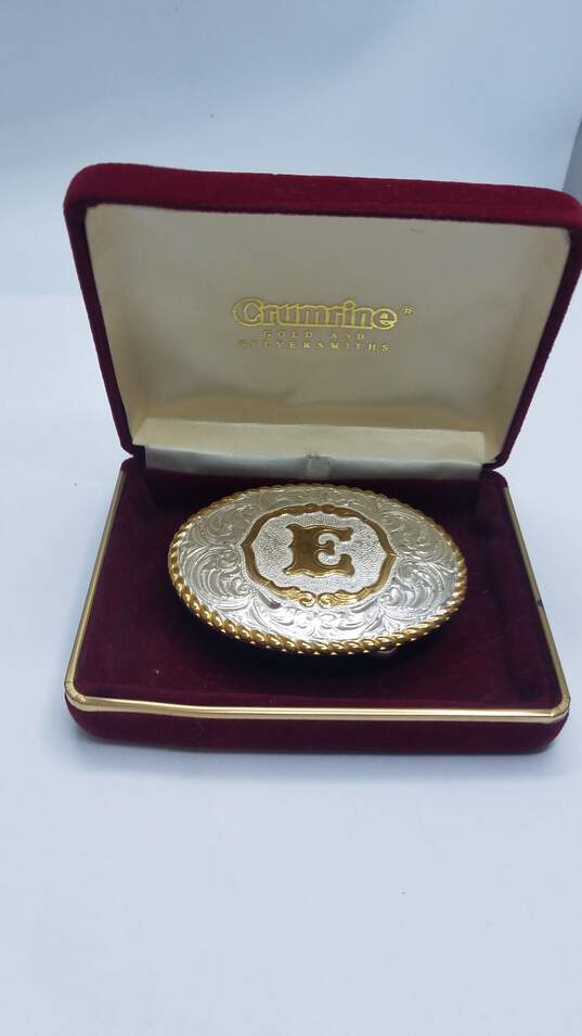 Crumrine Gold And Silver Smith Belt Buckle w / Letter" E" In The Center W/ Case 67.1 image number 1