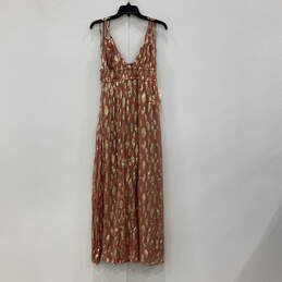 NWT Womens Gold Pink Printed V-Neck Sleeveless Pleated Maxi Dress Size M