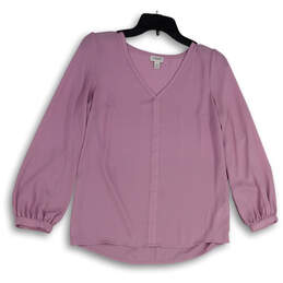 Womens Purple Long Sleeve V-Neck Stretch Pullover Blouse Top Size 00