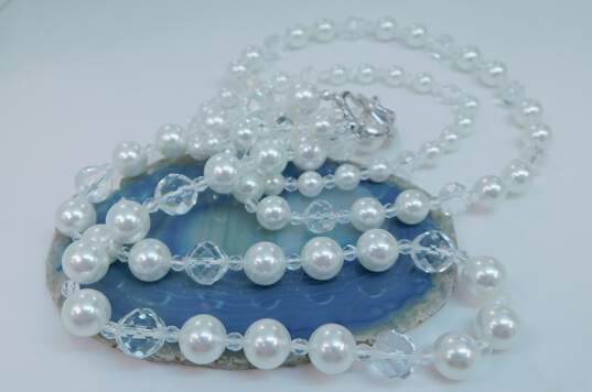 KJL Kenneth Jay Lane Silvertone Faceted Crystals & White Faux Pearls Beaded Three Strand Necklace 141.6g image number 3