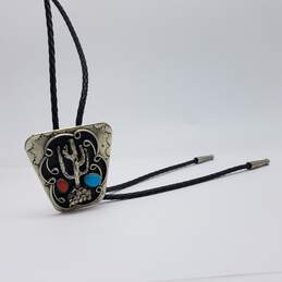 Turquoise Coral Leather Unsigned Southwest Bolo Tie 53.1g