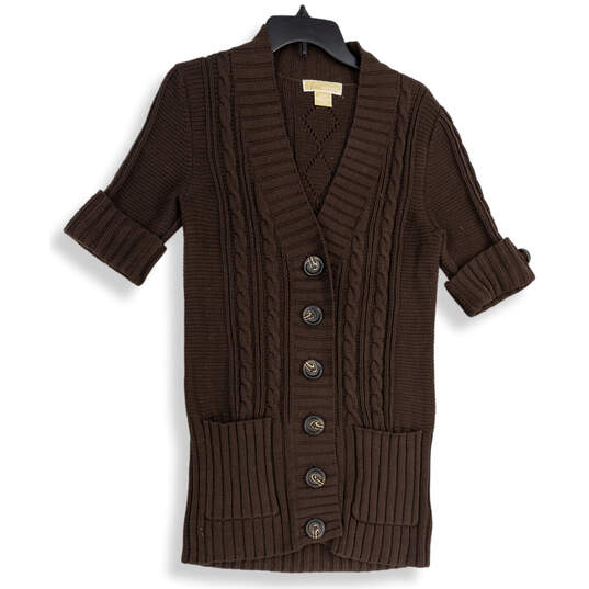 Womens Brown Knitted V-Neck Button Front Cardigan Sweater Size Small image number 1