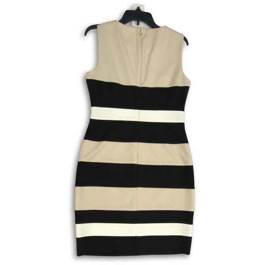 Womens Beige White Black Striped Sleeveless Back-Zip Sheath Dress Size 8 image number 2