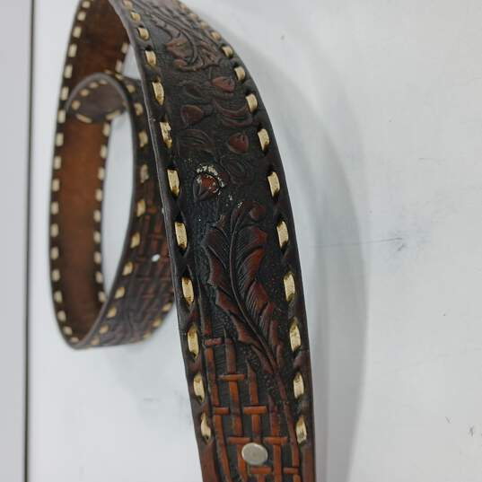 Tooled Leather Brown Belt with JH Deer Buckle image number 5