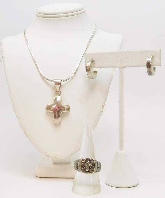 Artisan 925 Puffed Cross Pendant Snake Chain Necklace Chunky Crescent Post Earrings & Diamond Accents Cross Signet Band Ring 30.5g image number 1