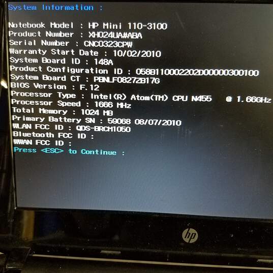 HP Mini 110-3100 10in Intel Atom N455 CPU 1GB RAM NO HDD image number 9
