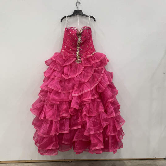 Women Pink Strapless Beaded Jeweled Back Zip Sleeveless Maxi Dress Size 12 image number 1