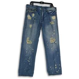 True Religion Womens Blue Denim 5-Pocket Design Distressed Straight Jeans Sz 36