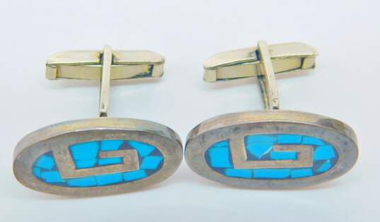 Artisan Mexico 925 Modernist Faux Turquoise Black Enamel Inlay Greek Key Oval Cuff Links 17.8g image number 3