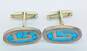 Artisan Mexico 925 Modernist Faux Turquoise Black Enamel Inlay Greek Key Oval Cuff Links 17.8g image number 3