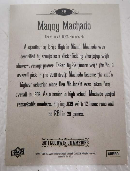 2011 Manny Machado Upper Deck Goodwin Champions Rookie image number 2