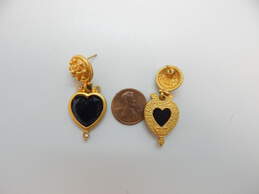 Leslie Block Goldtone Black Heart & Clear Rhinestones Granulated Dome Drop Post Earrings 13.8g alternative image