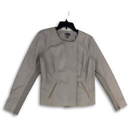 Womens Gray Leather Crew Neck Long Sleeve Full-Zip Jacket Size Large