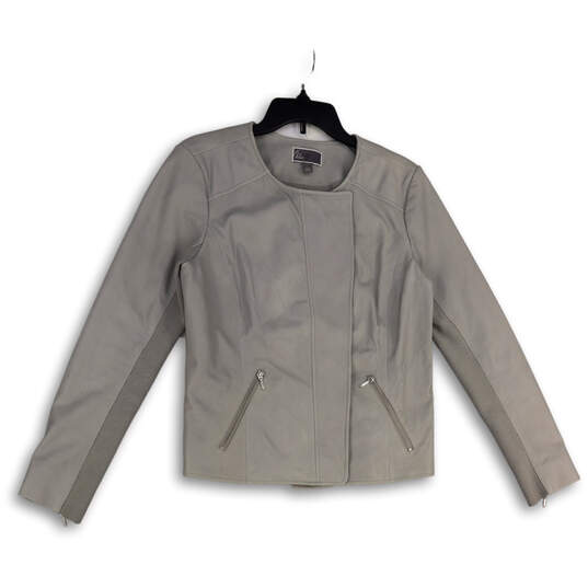 Womens Gray Leather Crew Neck Long Sleeve Full-Zip Jacket Size Large image number 1