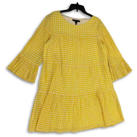 Womens Yellow Gingham Pleated Round Neck Bell Sleeve A-Line Dress Size 16 image number 4