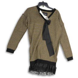 NWT Womens Brown Black Striped Long Sleeve Ruffle Hem Pullover Sweater Sz S